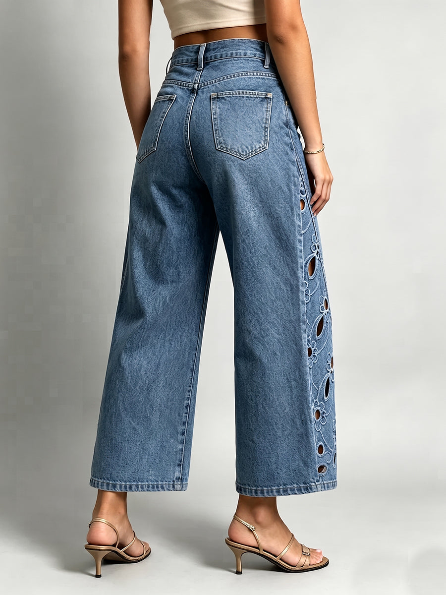Chic Floral Cutout Cropped Wide-leg Jeans