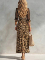 Retro-style Women's Casual Dress Featuring Leopard Print, Mesh Paneling, And A Side Slit