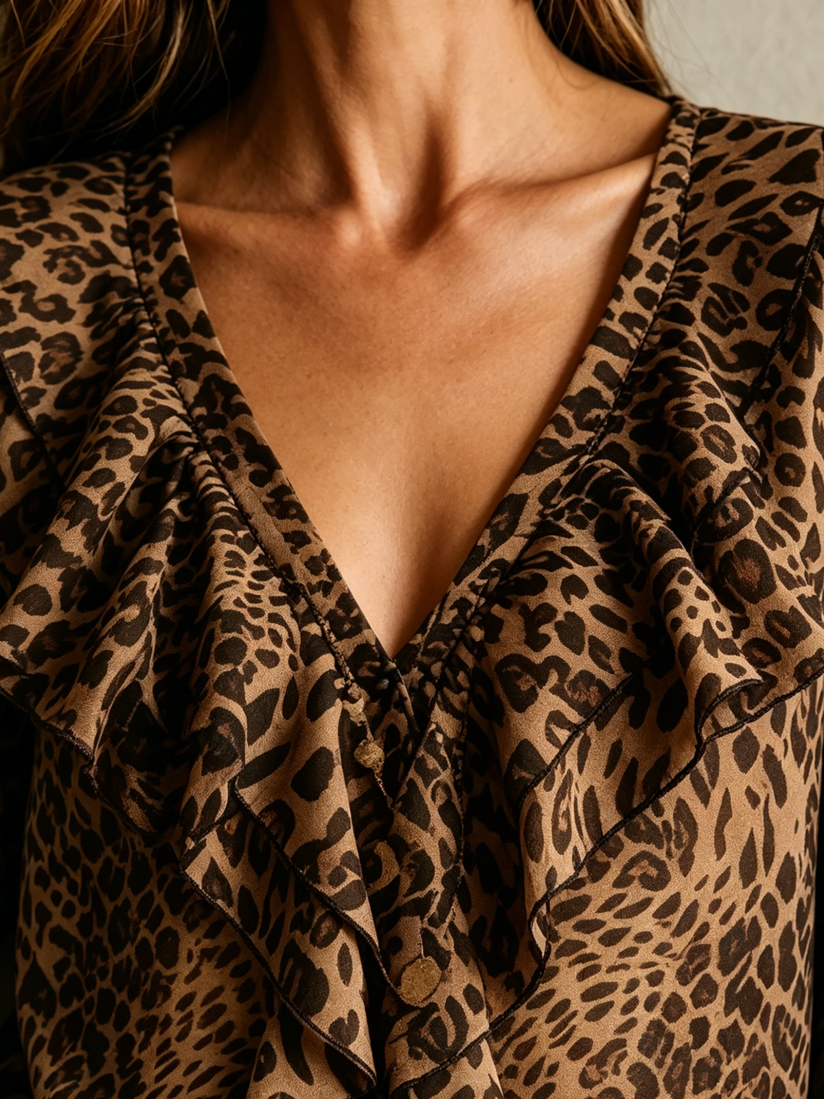Women's Leopard V-Neck Ruffle Chiffon Blouse