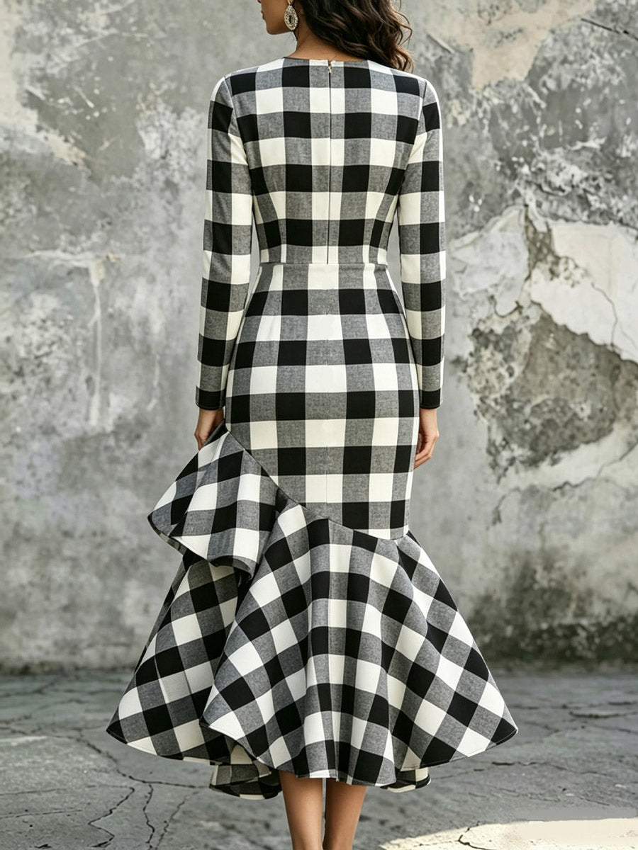 Women's Black White Plaid Ruffled Hem Art Casual Stylish Long Sleeve Dress