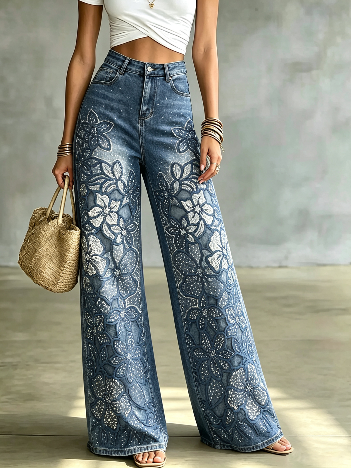 Women's Sequined Floral Wide-Leg Jeans