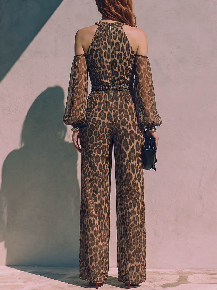 Women's Leopard Print Crew Neck Long-sleeve Casual Loose Wide-leg Jumpsuit