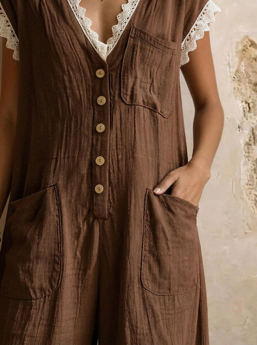 Womens Loose brown cotton linen jumpsuit
