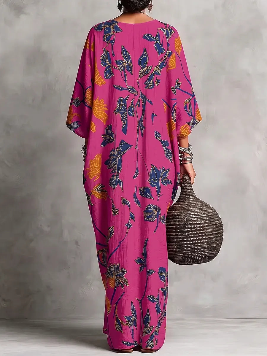 Vibrant Botanical Paneled V-Neck Maxi Kaftan