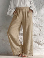 Loose, Casual, Everyday Wide-leg Cotton-linen Pants With Lace Trim