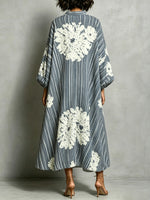 Women's Striped Floral Pattern Art Casual Stylish Long Sleeve Cotton Linen Dress
