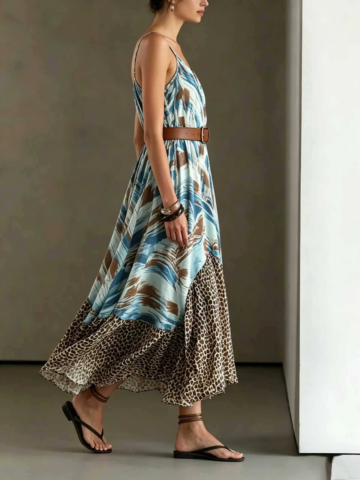 Women's Ink Leopard Print Patchwork Slip Maxi Dress