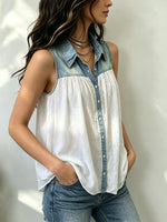 Women's Denim Patchwork Sleeveless Button-Down Top