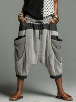 Womens Striped Patchwork Drop Crotch Harem Cropped Pants