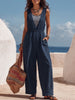 Women's Striped Print Color-block Crew Neck Sleeveless Casual Loose Cotton-linen Wide-leg Jumpsuit