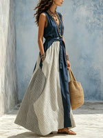 Women's Vertical Stripe Color Block Denim V Neck Sleeveless Waist Tie Maxi Dress