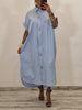 Casual Cotton Midi Shirt Dress With Crystal Button Embellishment