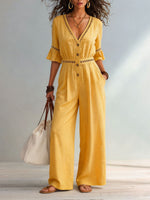 Womens Eyelet Cutout V-neck Ruffle Sleeve Cotton Linen Wide Leg Jumpsuit