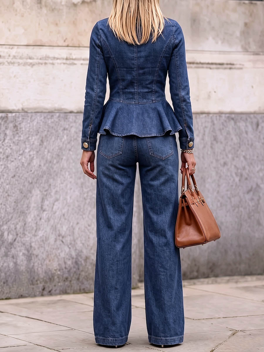 Women's Casual Loose-fit Denim Set: Long-sleeve Crew-neck Top And High-waisted Wide-leg Jeans