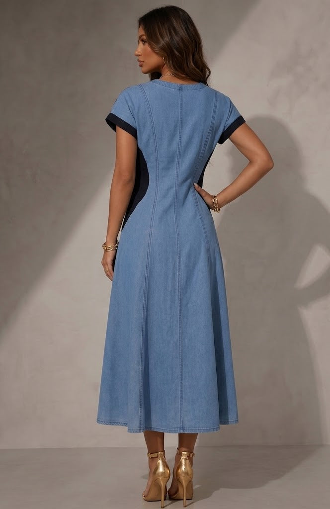 Stylish Casual Black Lace-paneled Denim Dress