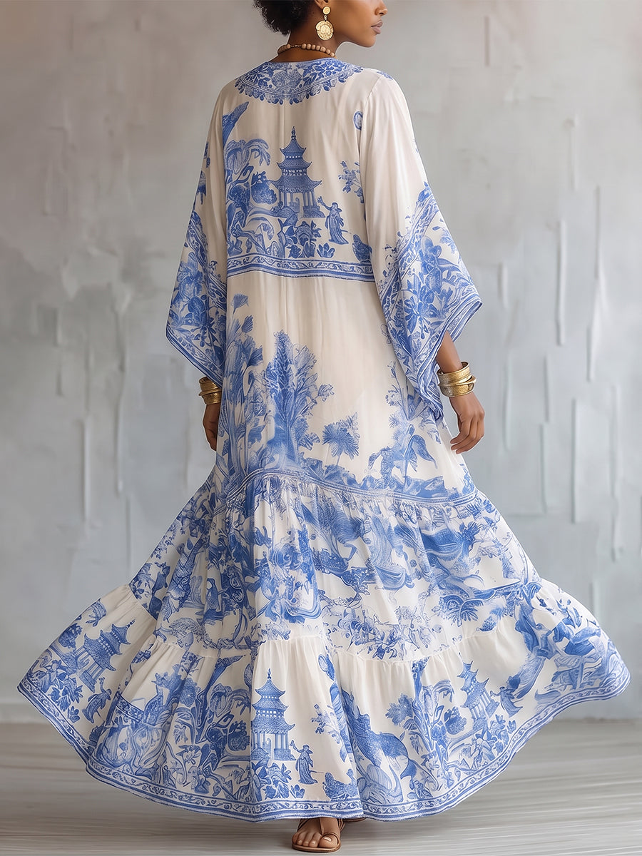 Boho-style Vintage Blue Floral Print Cotton Maxi Dress