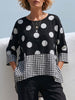 Women's Casual Loose Cotton-linen Top With Polka-dot And Plaid Panel Prints, Crew Neck, And 3/4 Sleeves