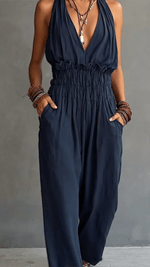 Women's Deep V-neck Backless Halter Neck Wide-leg Jumpsuit