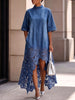 Elegant And Stylish Lightweight Denim Dress With Lace Hem
