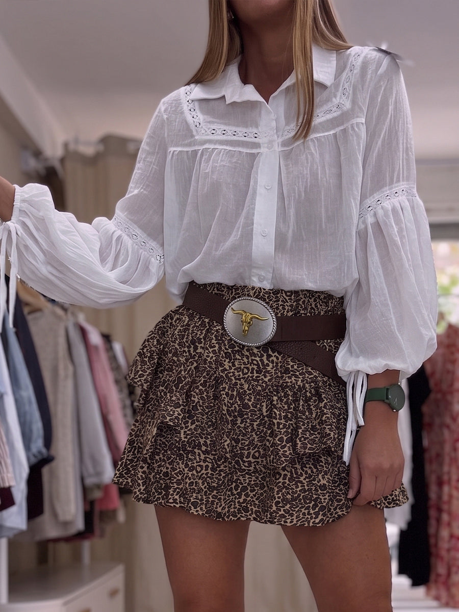 Western-style leopard print ruffled mini skirt