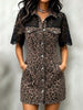 Casual Leopard-print Denim Mini Dress With Lace Paneling