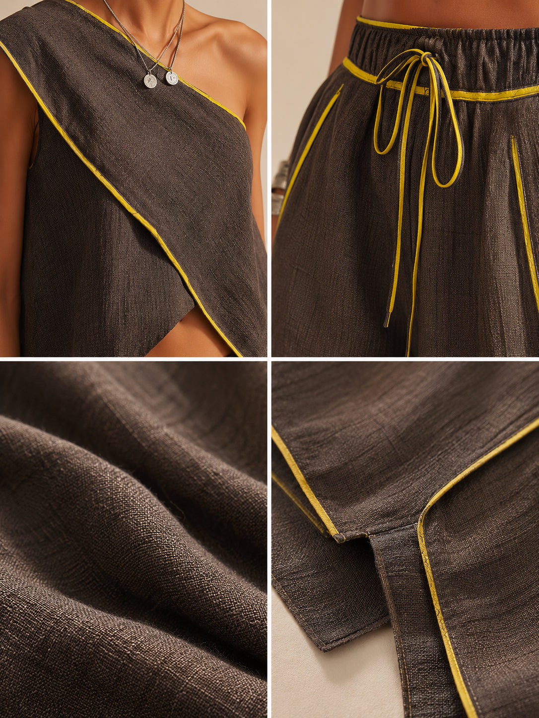 Casual Two-piece Set Featuring A Sleeveless Linen-cotton Top And Trousers With Color-block Piping.