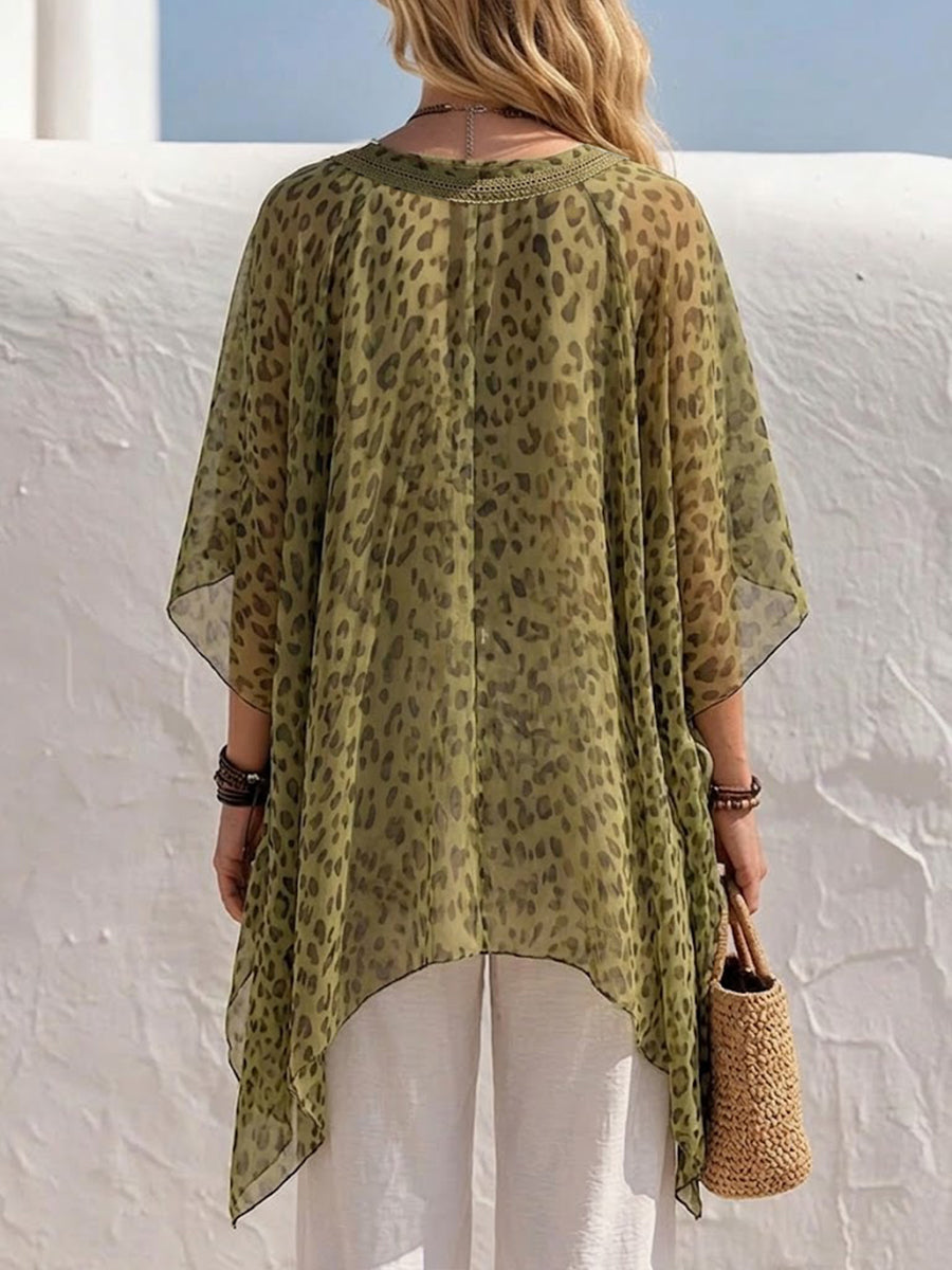 Urban-style Leopard Print Chiffon Top Featuring A V-neck And Lace Trim.