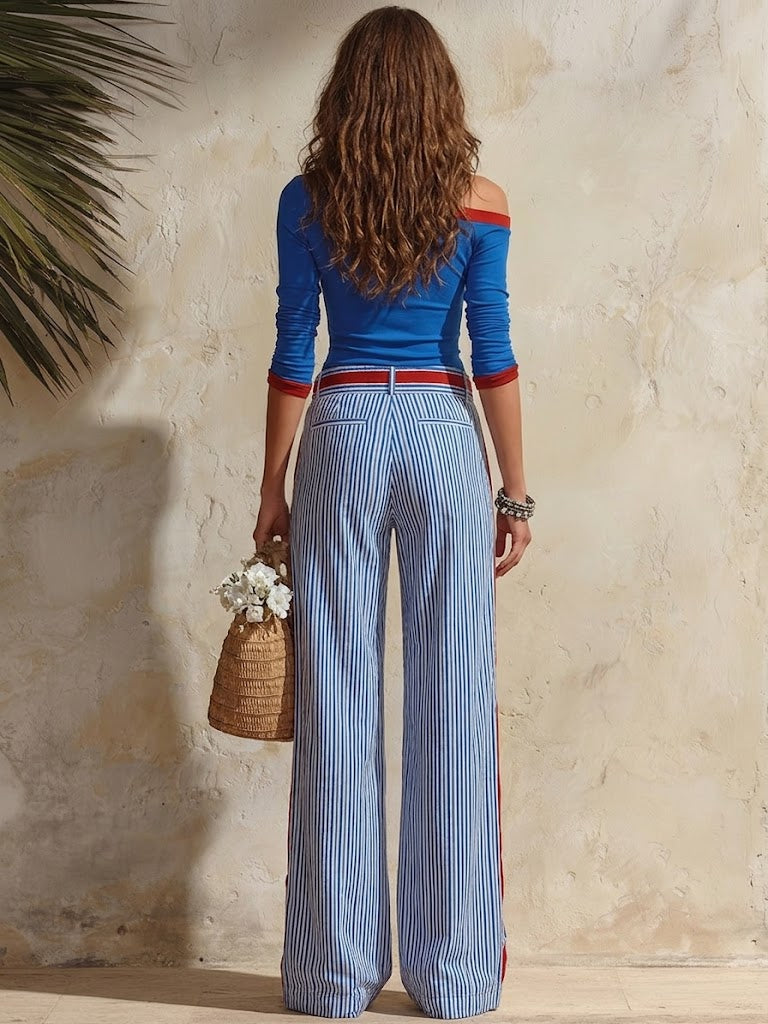 Two-piece Set: Casual, Stylish Color-block Cotton Top And Striped Cotton-linen Trousers.