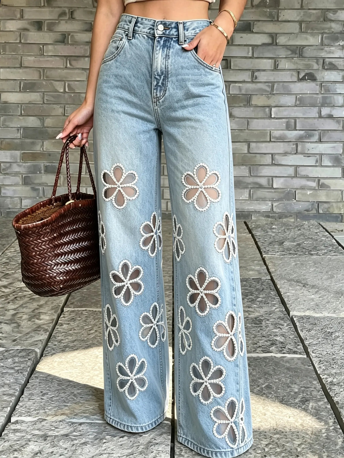 Women's Hollow Floral Embroidered Washed Denim Wide Leg Pants