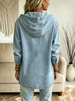 Women's Solid Washed Denim Hooded Henley Top