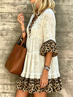 Women's Eyelet Embroidery Color Block Leopard Print V Neck Ruffle Babydoll Mini Dress