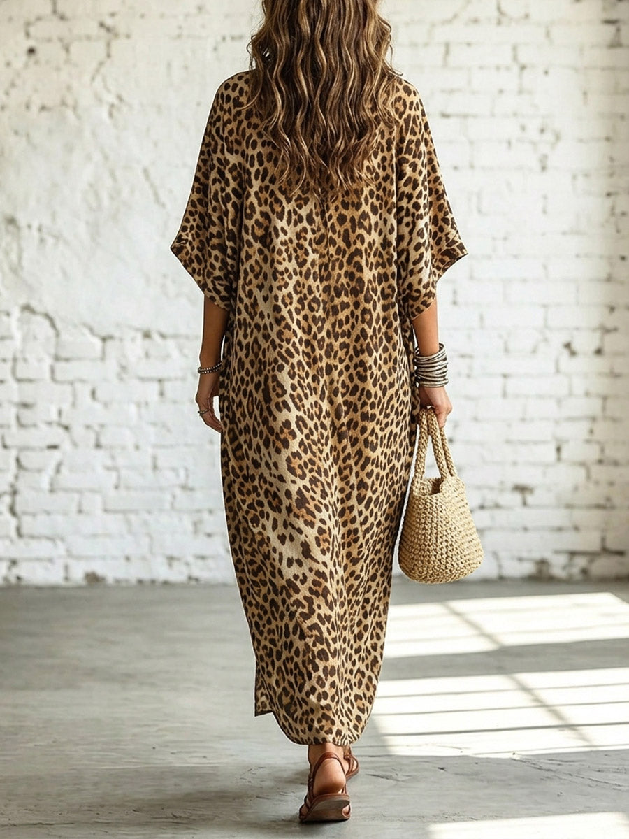 Retro Chic Leopard Pattern Loose Art Casual Short Sleeve Maxi Dress