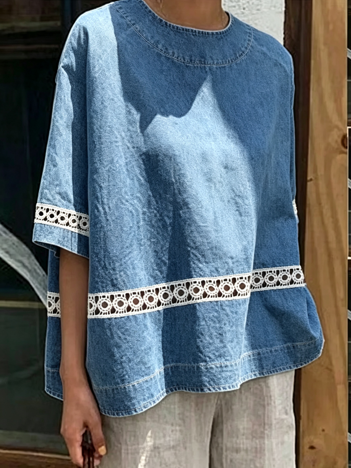 Women's Oversized Denim Lace Inset Top