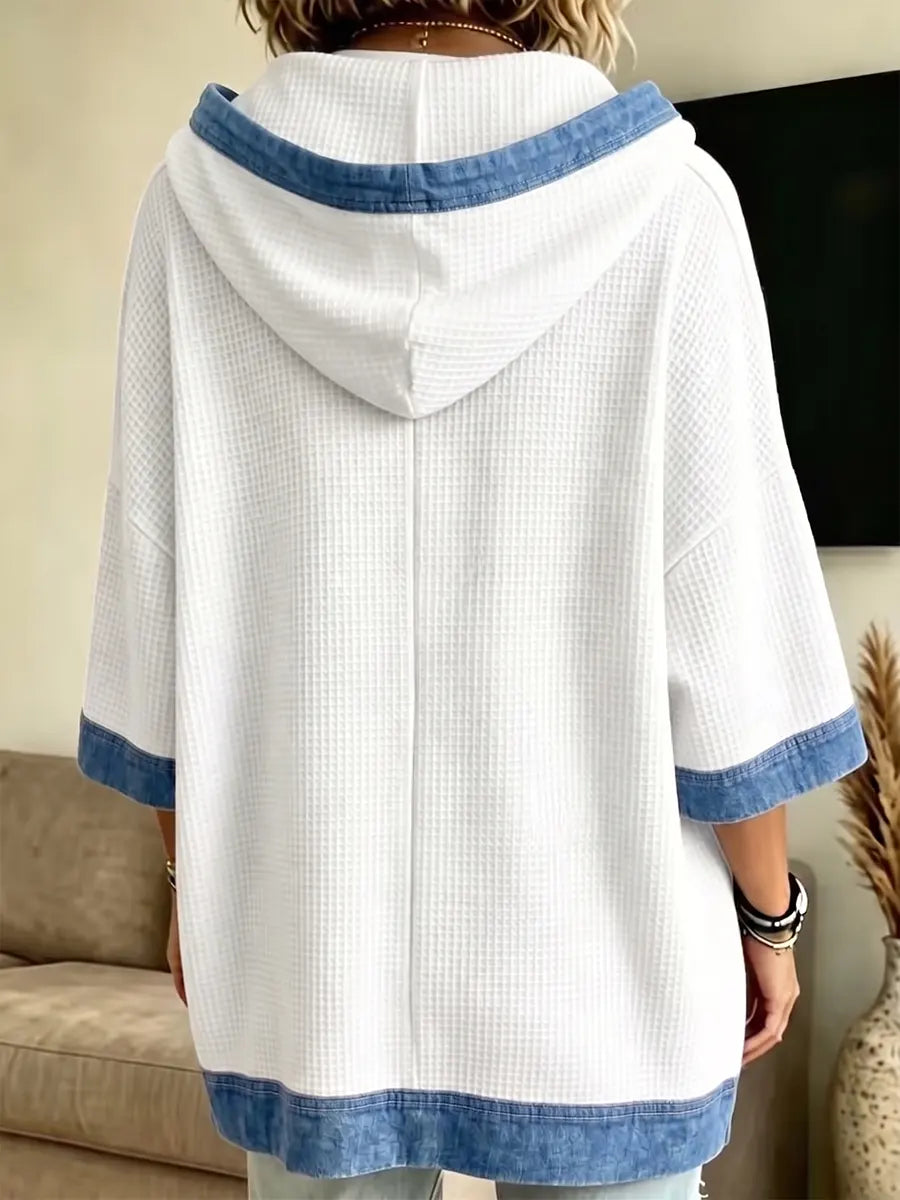 Casual Waffle Knit & Denim Trim Hooded Pullover