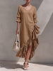 Women's Solid-color V-neck 3/4 Sleeve Casual Loose Cotton-linen Dress With Ruffle Details