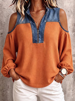 Cozy Casual Denim-paneled Waffle Knit Top