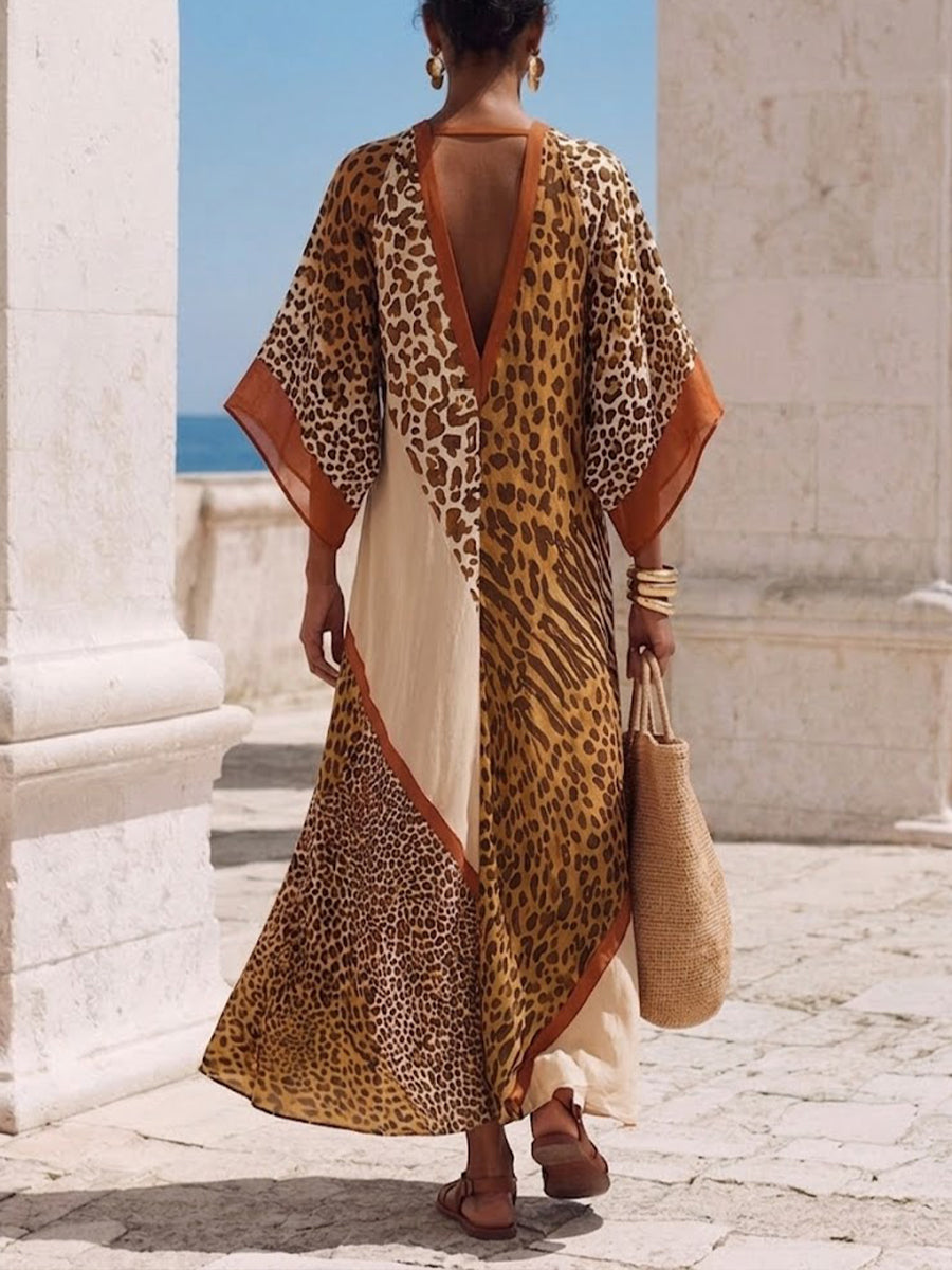 Loose And Comfortable Maxi Dress In Chiffon With Animal Print Paneling