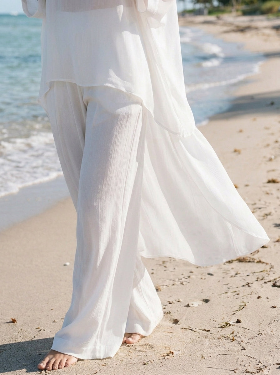 Womens Sheer Batwing Flowy Top & Wide Leg Pants Cotton Linen Two Piece Set