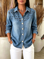Vintage-style Floral Embroidered Cut-out Denim Shirt