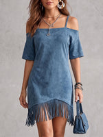 Women's Solid Color Short-sleeve Casual Loose Suede Dress With Tassels