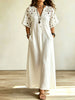 Women's Eyelet Cutwork Lace Short Sleeve Henley Cotton Linen Maxi Dress