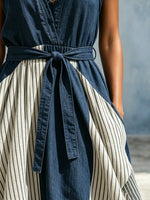 Women's Vertical Stripe Color Block Denim V Neck Sleeveless Waist Tie Maxi Dress