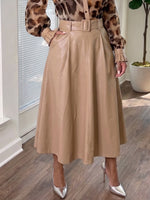 Stylish And Minimalist Eco-leather Midi Skirt With Belt