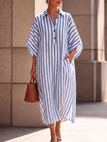 Elegant And Relaxed Striped Cotton-linen Dress With Batwing Sleeves