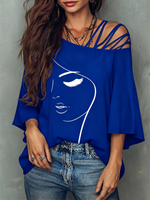 Loose-fit Top Featuring A Spliced asymmetrical Neckline, Abstract Line-art Face Graphic, Dropped Shoulders, And Flared Mid-length Sleeves