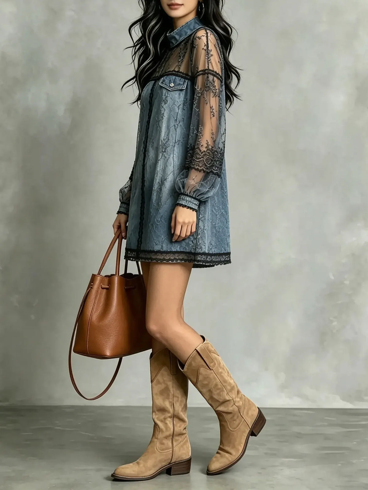 Women's Black Lace Patchwork Denim Long Sleeve Mini Dress