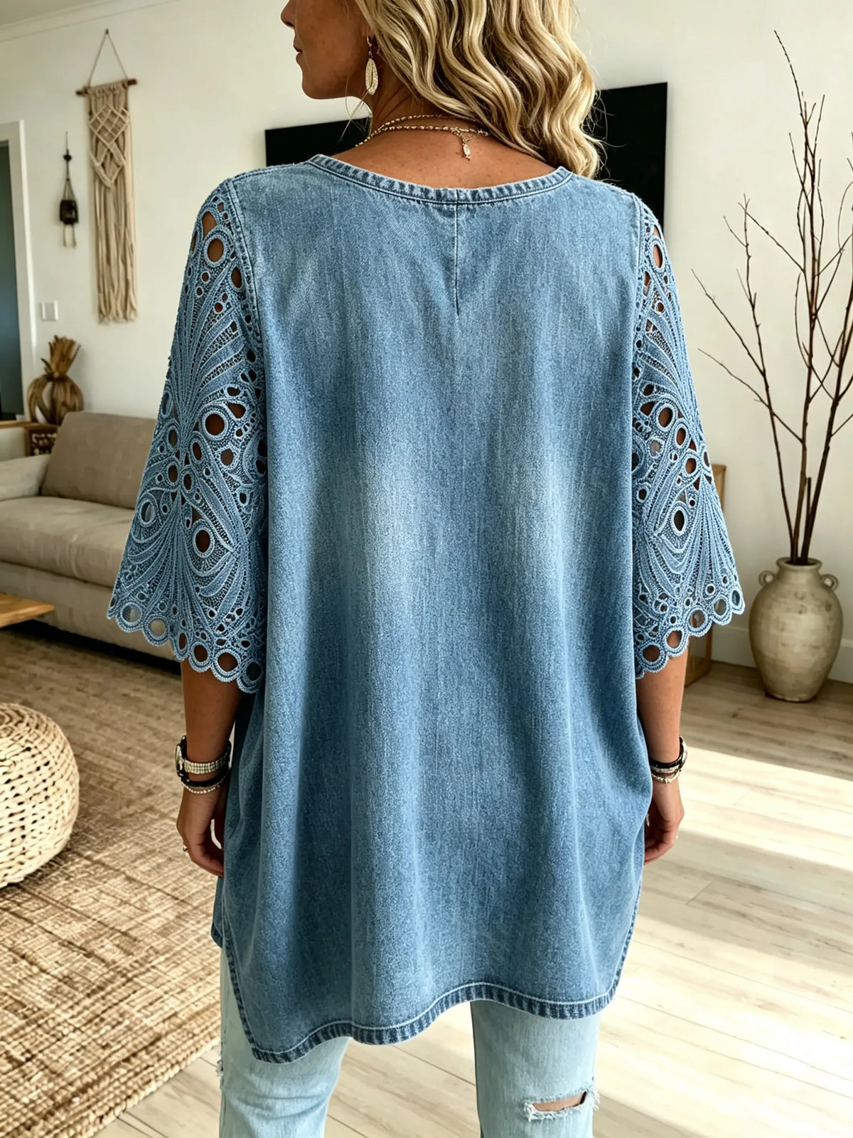Women's Floral Eyelet Embroidery Washed Denim Loose V Neck Tunic Top