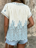 Women's Starfish Embroidery Hollow Lace Spliced V Neck Short Sleeve Blouse