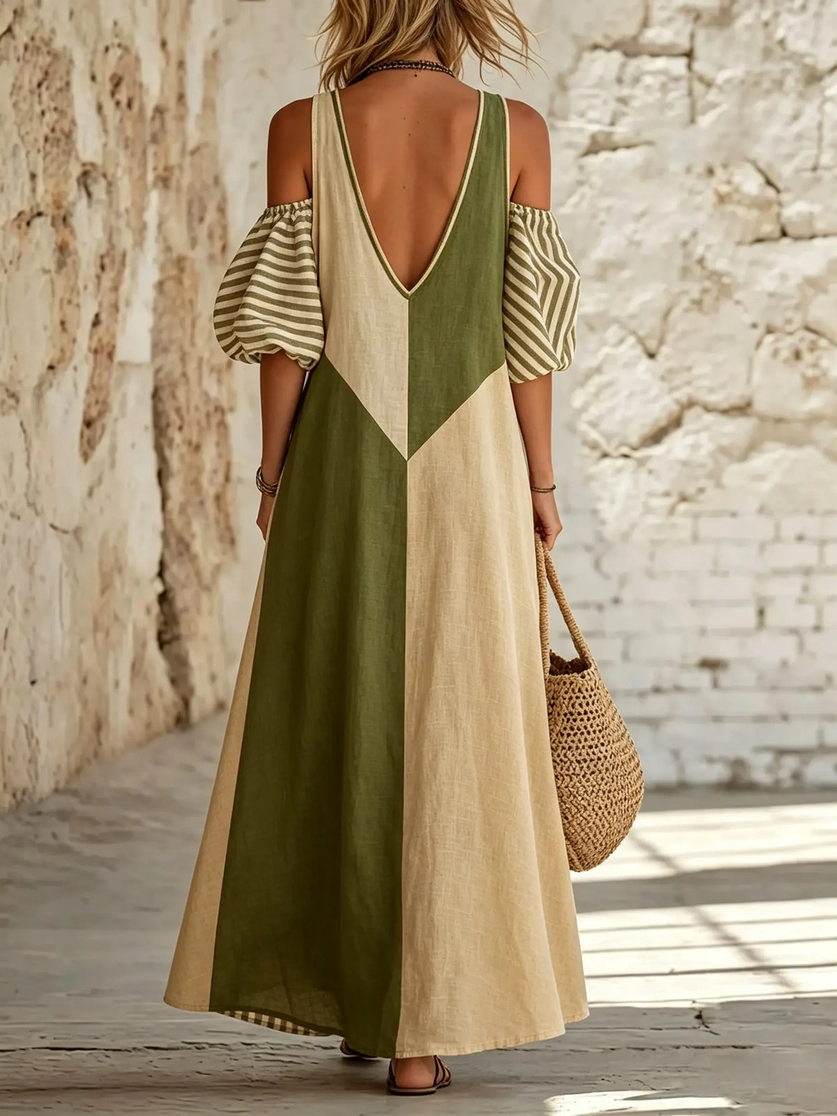 Women's Color Block Stripe Patchwork Cold Shoulder Maxi Dress