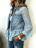 Women's Floral Lace Spliced Denim Short Jacket